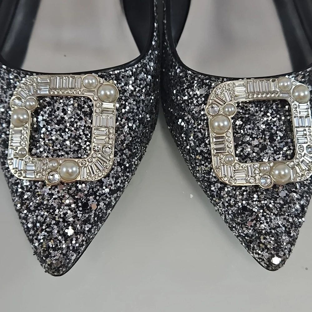 Kate Spade Silver Buckle Up Glitter Flats Size 38.5 - Picture 14 of 15